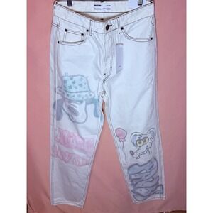 Bershka Cream Urban Straight-Leg Jeans Pink Gray Graffiti Graphics US29 EU36